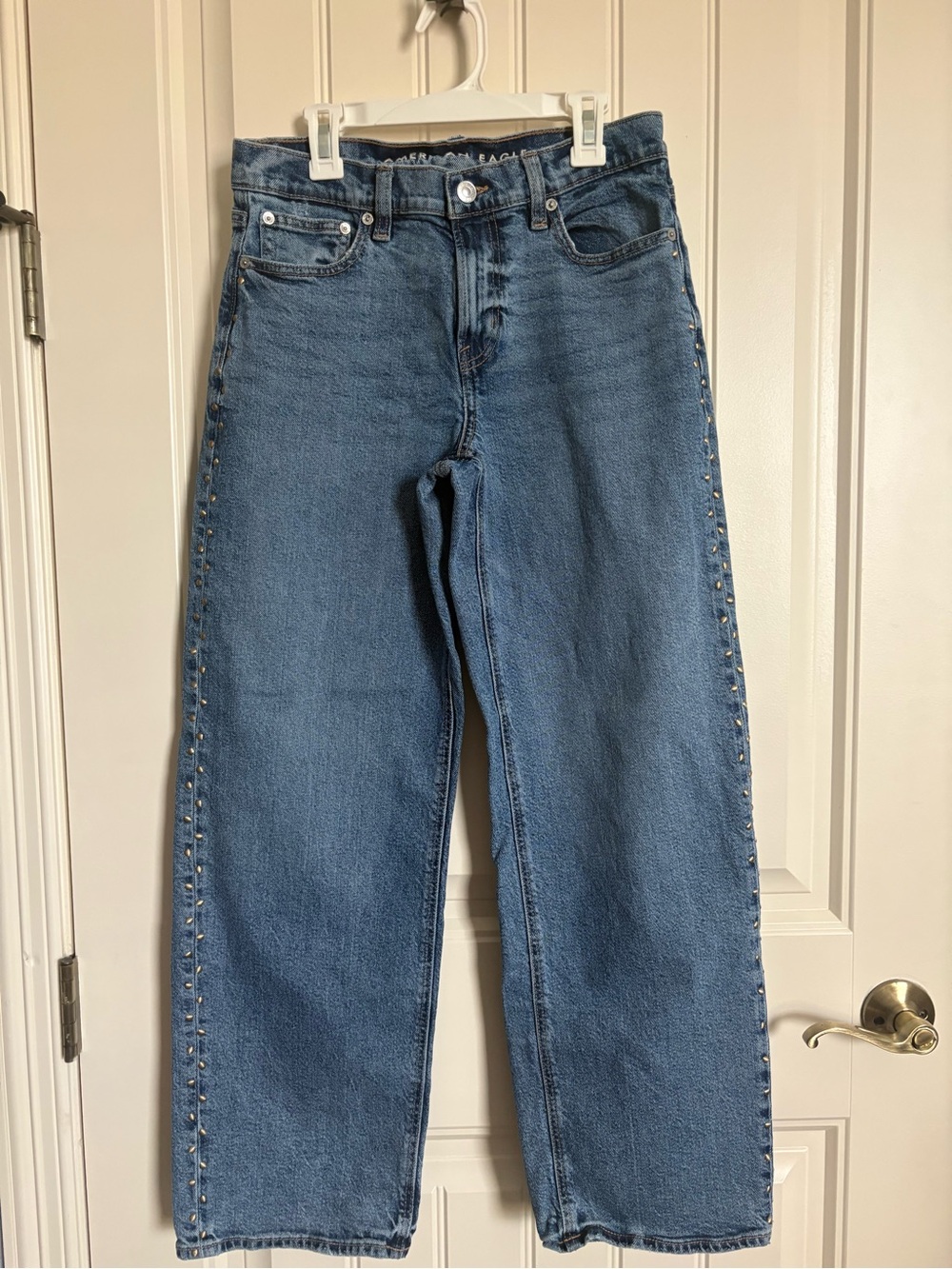 American Eagle Outfitters Blue Stud-Trim Straight-Leg Jeans